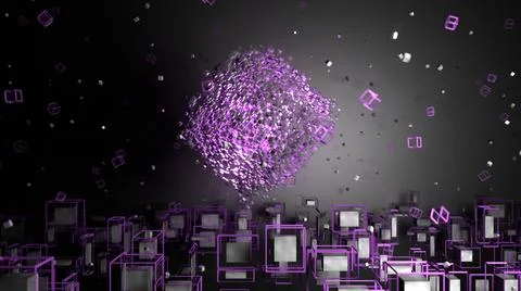 3d render. Abstract geometric shapes. Rotating objects purple color Stock Illustration