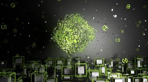 3d render. Abstract geometric shapes. Rotating objects green color Stock Illustration