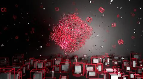 3d render. Abstract geometric shapes. Rotating objects red color Stock Illustration