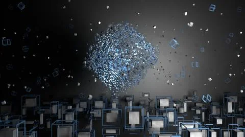 3d render. Abstract geometric shapes. Rotating objects blue color Stock Illustration