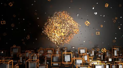 3d render. Abstract goldes geometric shapes. Rotating objects gold color Stock Illustration