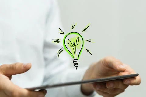 3D render of an abstract idea icon on a tablet in hands Foto stock