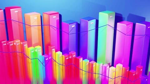 3d render. Abstract infographics background with multicolored 3d bars on blue bg イラスト素材