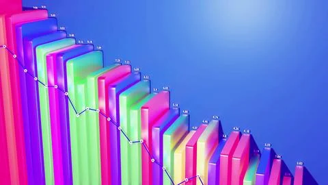 3d render. Abstract infographics background with multicolored 3d bars on blue bg 스톡 일러스트
