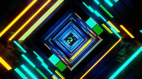 3D Render. Abstract interior sci-fi spaceship corridor with yellow and blue n Stock Illustration