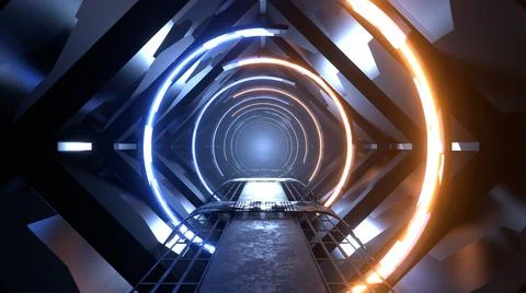 3D Render. Abstract interior sci-fi spaceship corridor with yellow and blue n Stock Illustration