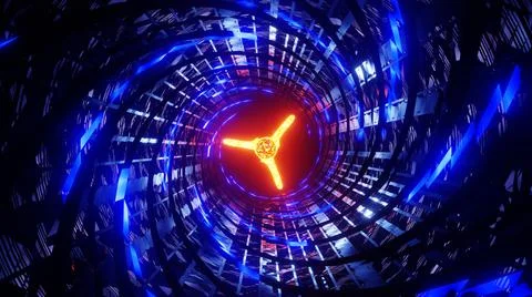 3D Render. Abstract interior sci-fi spaceship corridor with yellow and blue n Stock Illustration