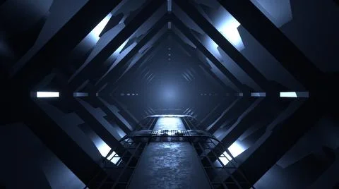 3D Render. Abstract interior sci-fi spaceship corridor with neon glowing tube Stock Illustration