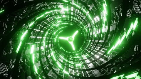 3D Render. Abstract interior sci-fi spaceship corridor with green neon glowin Stock Illustration