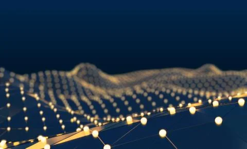 3D render abstract low poly dark mountains landscape with aphere lights for g Illustrazione stock