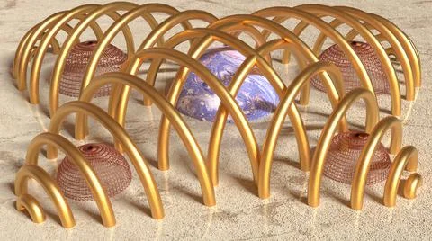 3D Render Abstract, marble ball with golden spiral cage Stock Illustration