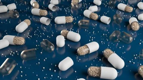 3d render abstract medical background. Pills and capsules laying on the refle Stock Illustration