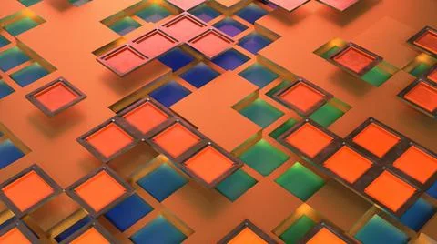 3D Render Abstract, metallic square shape, gold and blue texture,  Illustrazione stock