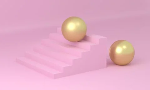 3d render, abstract minimal background, pink stairs, pastel color with gold b Stock Illustration