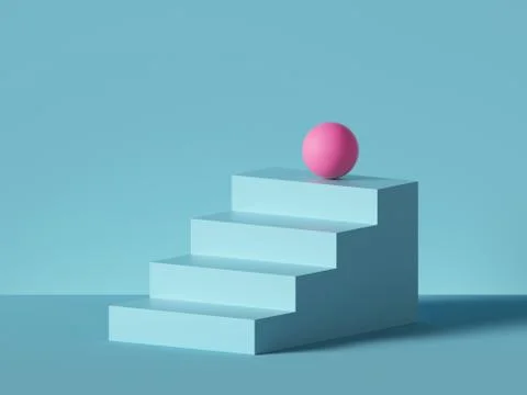 3d render, abstract minimal background. Pink ball placed on blue steps Stock Illustration