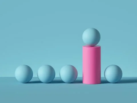 3d render, abstract minimal geometric background. Blue balls, pink cylinder Stock Illustration