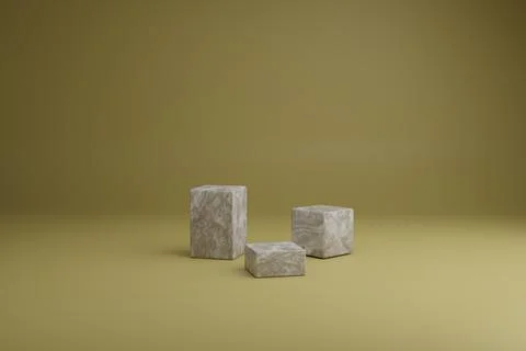 3d render abstract minimal scene with brown wood cube forms on a yellow Stock Illustration