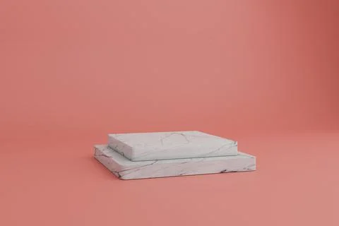 3d render abstract minimal scene with marble square podiums on a coral Stock Photos