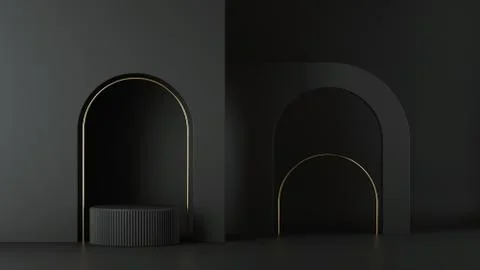3d render, abstract minimalist black background. Empty cylinder podium Illustrazione stock