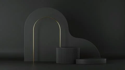 3d render, abstract minimalist black background. Empty cylinder podium, Stock Illustration