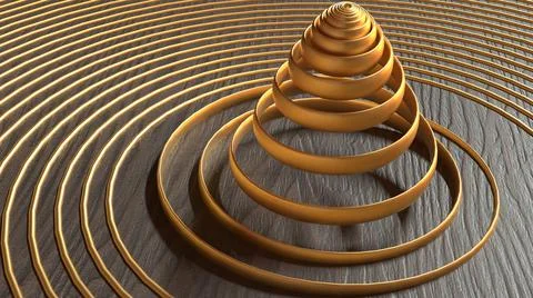 3D Render Abstract, Modern background, golden spiral line, with wooden base Stock Illustration