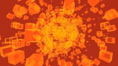 3D Render, Abstract Modern Background, glowing orange box particles spreading  Stock Illustration