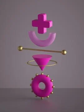3d render, abstract monochrome pink geometric shapes isolated Stock Illustration