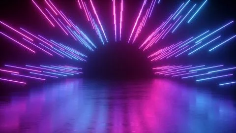 3d render, abstract neon background, performance stage, empty round tunnel Illustrazione stock