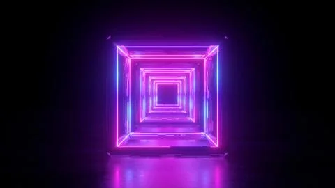 3d render, abstract neon background, square shape, pink glowing lines Stock Illustration