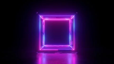 3d render, abstract neon background, square shape box, blank frame, pink glow Stock Illustration