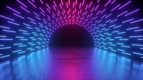 3d render, abstract neon background, performance stage, round tunnel Illustrazione stock