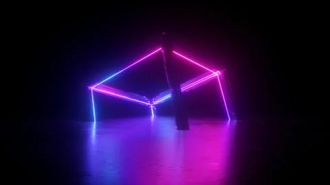 3d render, abstract neon cube over black background, square shape Stock Illustration