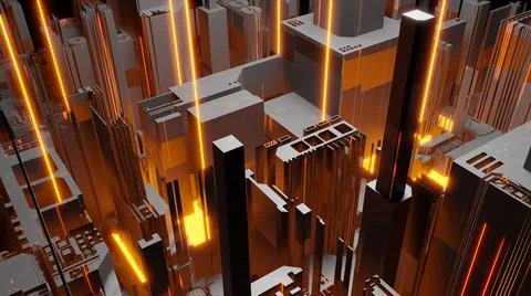 3D Render, Abstract neon mega city. Cyberpunk. Concept for night life, busine Stock Illustration