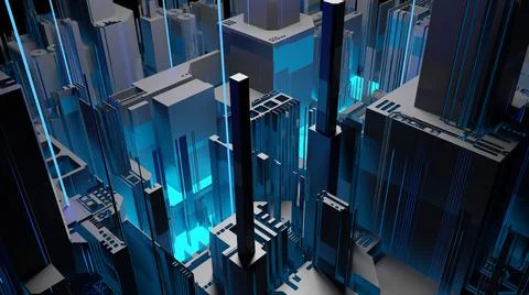 3D Render, Abstract neon mega city. Cyberpunk. Futuristic cityscape. Silhouet Stock Illustration