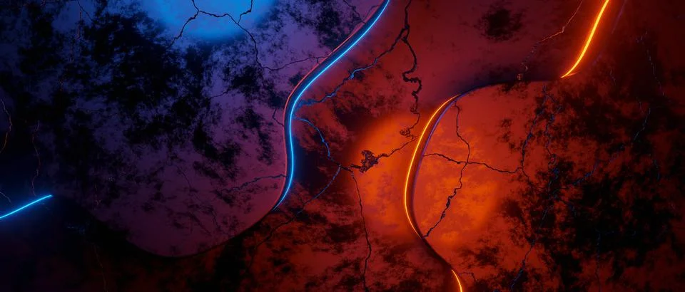 3d render, abstract panoramic neon background. Red purple violet pink lines g 库存插图