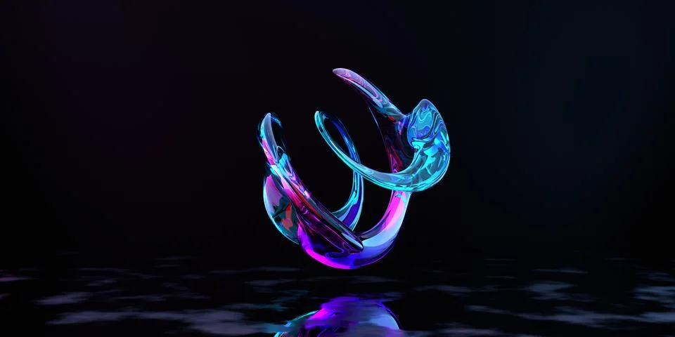 3d render, abstract pink blue curvy glass ribbon and reflection on the grou.. Illustrazione stock