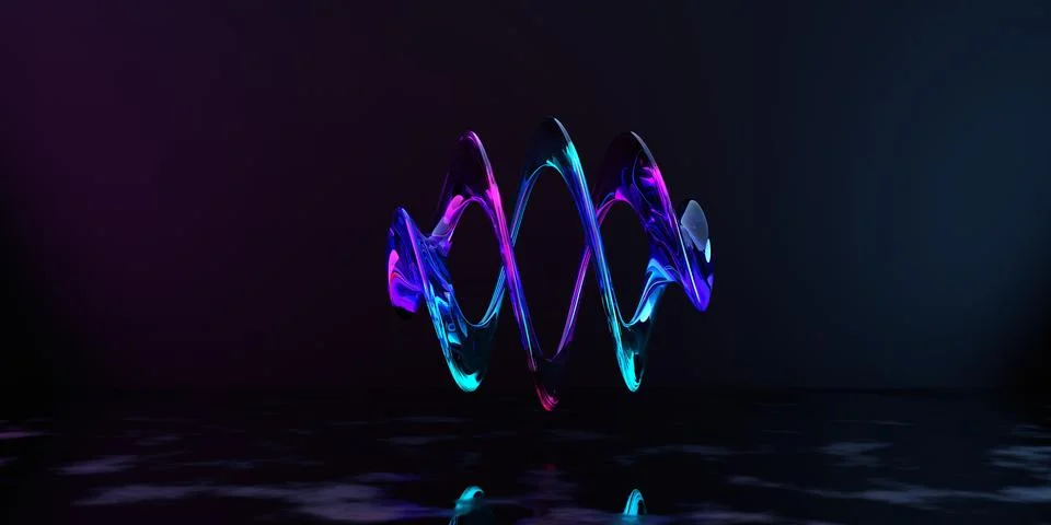 3d render, abstract pink blue curvy glass ribbon and reflection on the grou.. Illustrazione stock
