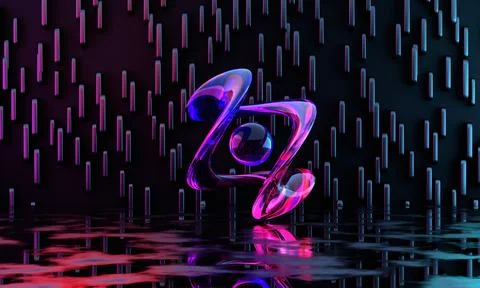 3d render, abstract pink blue curvy glass ribbon and reflection on the grou.. Illustrazione stock