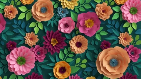3d render, abstract pink peachy orange paper flowers appearing over dark gree Stock Footage 125992258