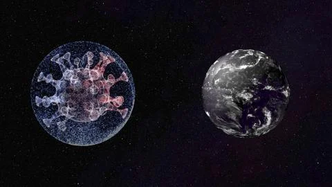 3d render of abstract planet and virus cell floating side by side over black イラスト素材
