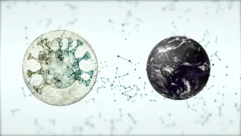 3d render of abstract planet and virus cell floating side by side over white イラスト素材
