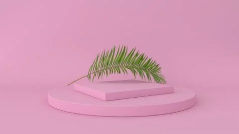 3D render of abstract platform with palm leave. Geometric figures in modern Stock Illustration