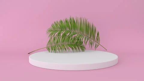 3D render of abstract platform with palm leave. Geometric figures in modern Stock Illustration