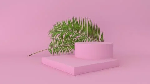 3D render of abstract platform with palm leave. Geometric figures in modern Illustrazione stock