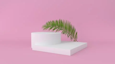 3D render of abstract platform with palm leave. Geometric figures in modern Stock Illustration