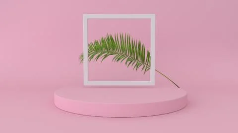 3D render of abstract platform with palm leave. Geometric figures in modern Stock Illustration