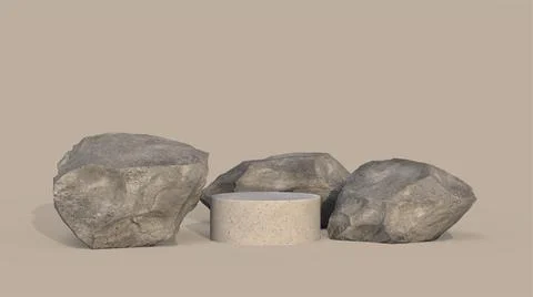 3D render of abstract product display podium on brown background with rocks. Stock Illustration