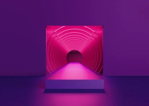 3d render, abstract purple background, pink neon light inside square tunnel, Stock Illustration