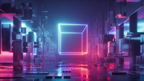 3d render, abstract red blue neon background. Glowing linear holographic cube Stock Footage 232111978