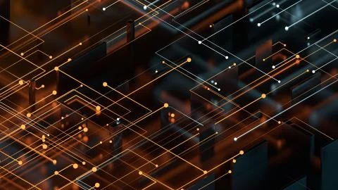 3d render abstract reflective background with particles that goes to center f Illustrazione stock